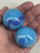 2 MAMMOTH ICE BLUE 1 5/8" White Marbles Glass Massive 42mm Large HUGE