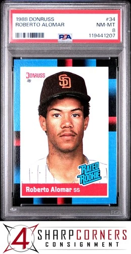 1988 DONRUSS #34 ROBERTO ALOMAR RC RATED ROOKIE HOF PSA 8