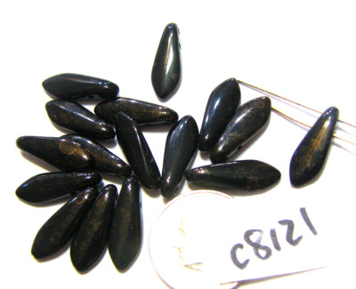 Czech Glass 2 Hole Dagger Bead JET MARBLED DARK BRONZE  5x16mm Lot of 28  C8121