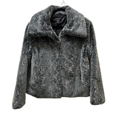 Christian Siriano Gray Black Snake Print Faux Fur Open Front Jacket Coat L