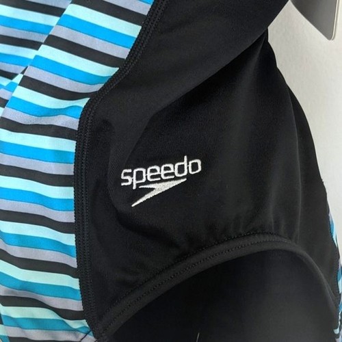 SPEEDO Black Blue Gray Stiped One Piece Performance Swimsuit size 14 - Picture 7 of 14