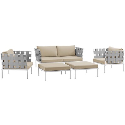 Modway Harmony 5 Piece Outdoor Patio Aluminum Sectional Sofa Set in White Beige