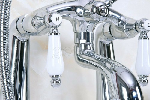 Polished Chrome Brass Deck Mount Clawfoot Tub Filler Faucet Set W/ HandShower - Picture 7 of 8