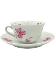 Vintage D. Porthault Limoges Pink Tréfles Clover Tea Cup Saucer Set Porcelain