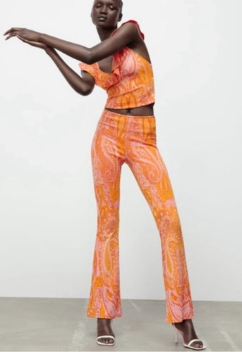 Zara Jacquard Flared Knit Pull On Elastic Waist Pants Orange Paisley Size Small - Picture 3 of 3