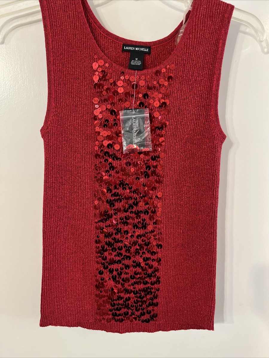 Lauren Michelle NWT Women's Tank Top Blouse Metallic Red Silver