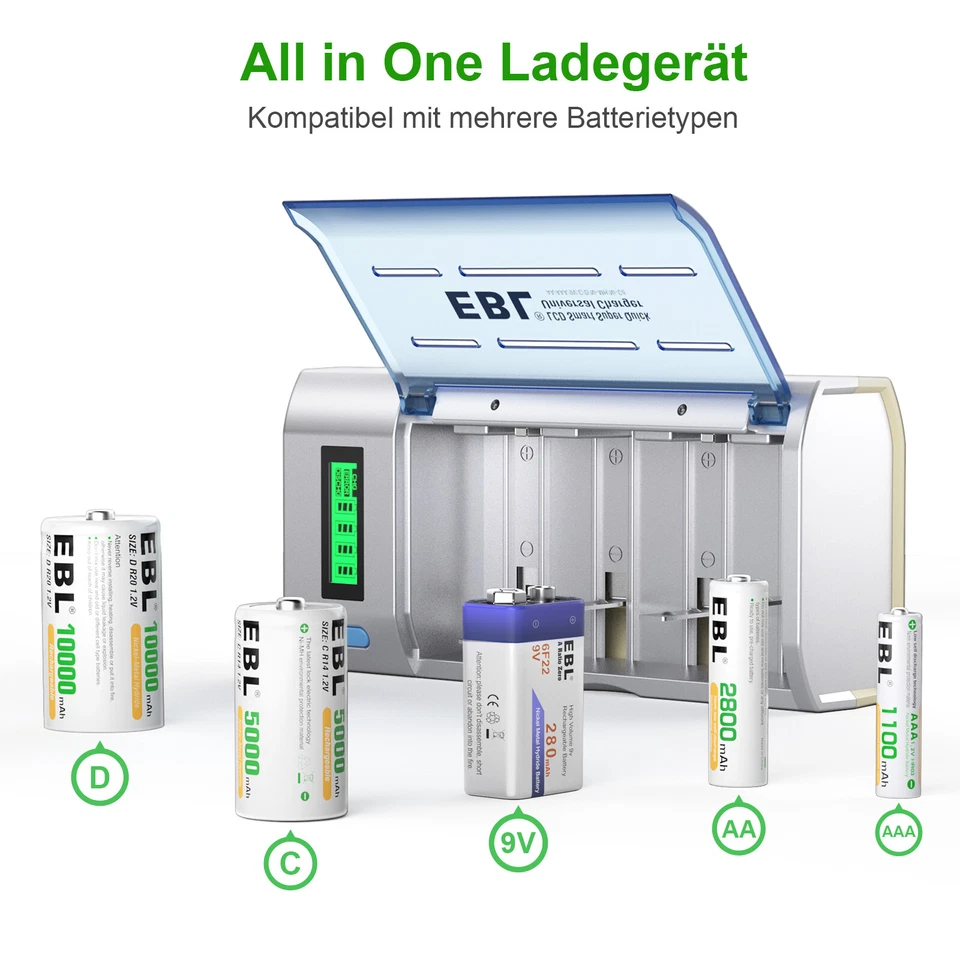 EBL LCD Ladegerät für AA AAA C D 9V NiMH/NiCD Akkus mit Entlade & Schutzfunktion - Bild 2 von 4