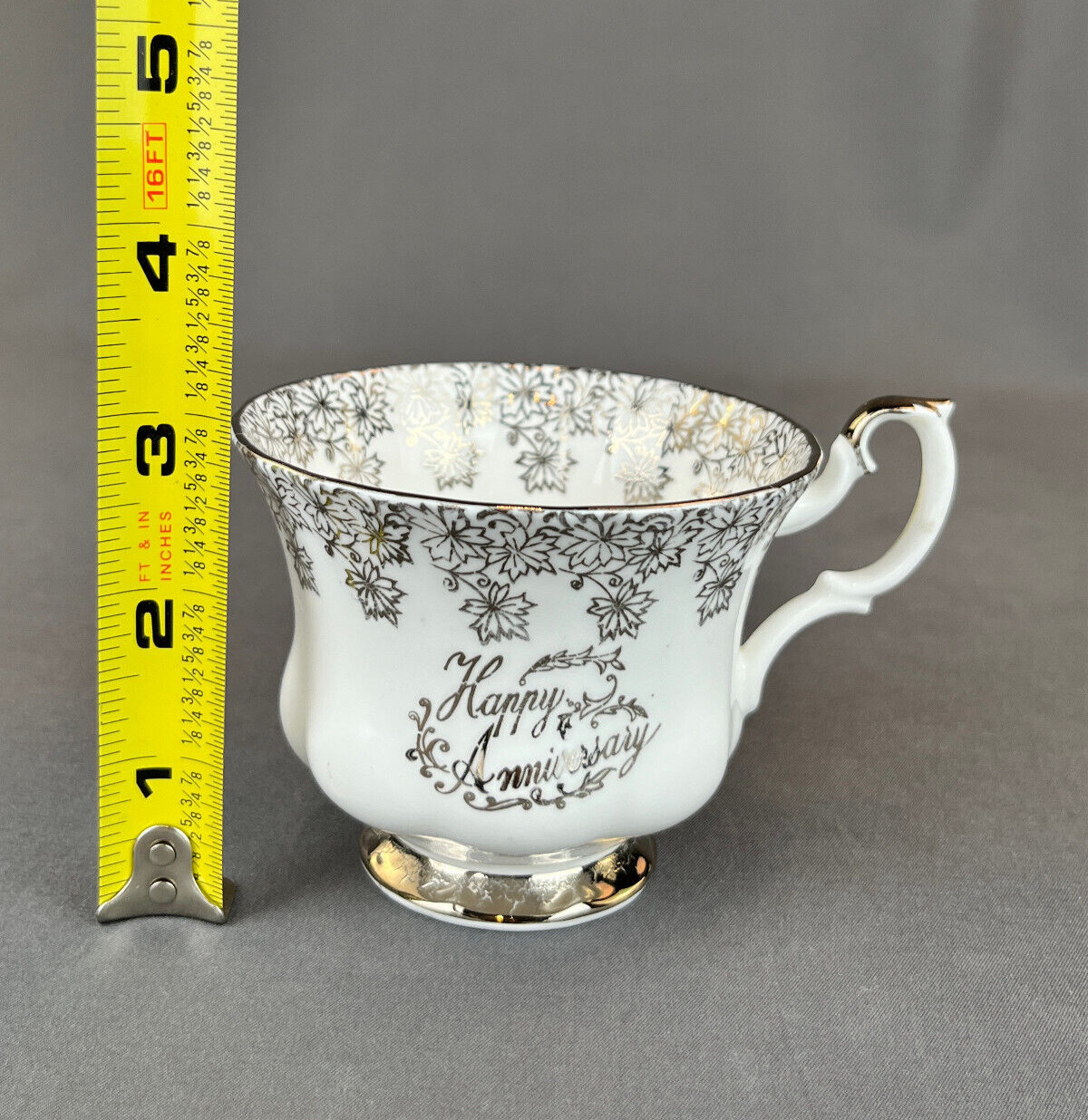 Royal Albert HAPPY ANNIVERSARY Silver Footed Cup & Saucer Set: MINT