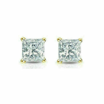 14K Solid Yellow Gold Square Cubic Zirconia Princess Cut Earrings 5mm ...