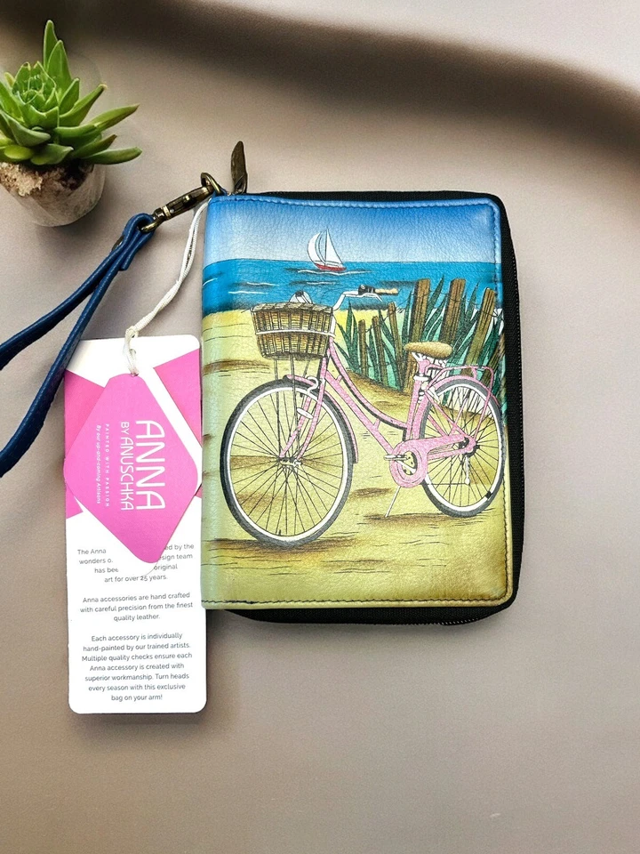 ANNA ANUSCHKA ~ DÍA DE LA PLAYA CUERO PINTADO A MANO ~ CARTERA DE PULSERA ~ Hecho a mano ~ RARO Foto 3 de 4