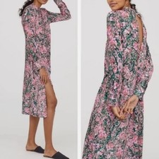 H&M Pink Multicolor Floral Backless Front Slits Long Sleeve Midi Dress 6