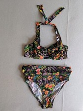Pour Moi Hot Spots Black Floral Halter Top  Fold Over Bikini Swimsuit 34DD 6US