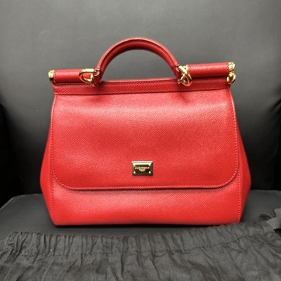 Dolce & Gabbana Sicily Medium Red Dauphine Leather Top Handle Strap Shoulder Bag
