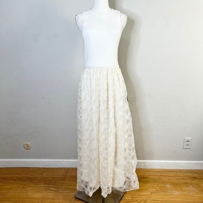 Lulus Ribbed Knit Floral Lace Maxi Dress Sleeveless Crew Neck Ivory Large NWT