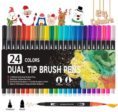 Dual Brush Pen Set, Filzstifte 24 Farben Dual Tip Stifte Fineliner, Pinselsti...