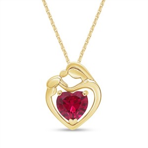 Authentic Heart-Shape Simulated Ruby 18K Gold Plated Mother & Child Pendant Necklace
