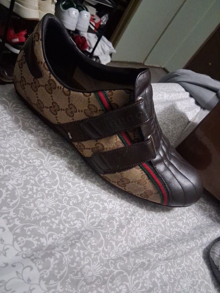 Men’s GUCCI Black Leather & Canvas Sneakers Shoes Double Straps Men Size 14.5 G