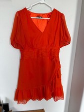 Express Orange Puff Sleeve Ruffle Hem Mini Dress