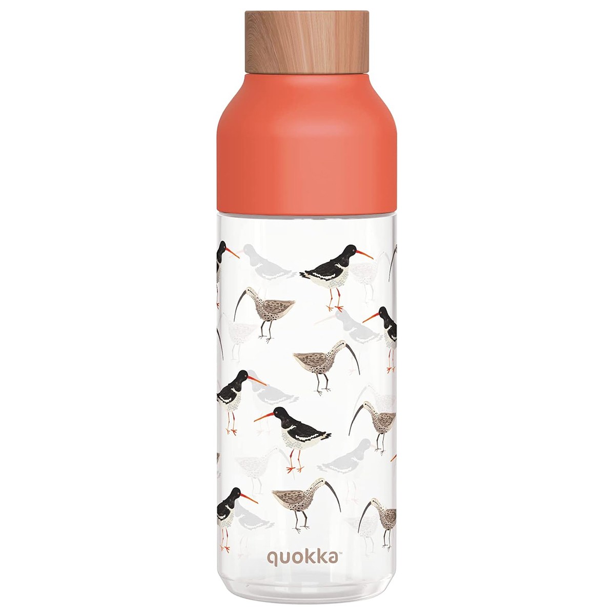 Gourde 720ml Ecozen Quokka orange avec motif oiseau et couvercle en bambou naturel