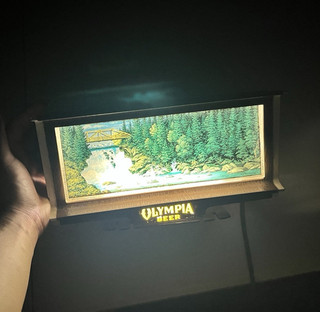 Vintage Olympia Beer Lighted Sign Waterfall Forest Bridge Scene Breweriana