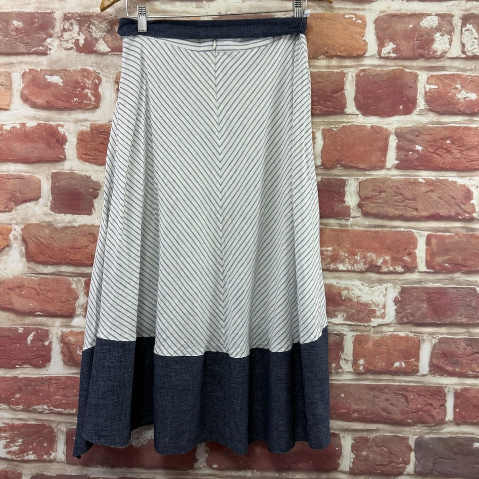 Falda DKNY Mujer 6 Blanco Azul Rayas Envoltura Asimétrica Informal Corbata Cintura Midi Foto 2 de 4