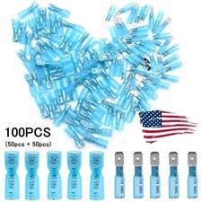 100PCS 14-16Gauge Blue Shrink Crimp Spade Terminals Heat Wire Connectors AWG Kit