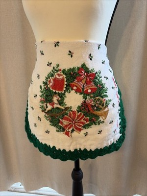 Vintage FRANCO Half Apron With Green Crochet Trim And Tie Back Double Sided