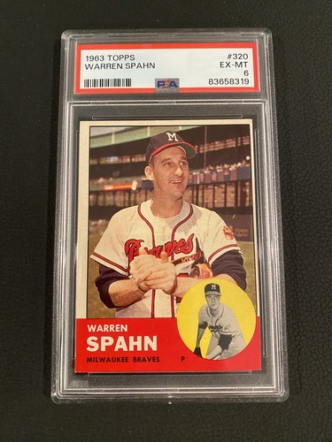 Vintage 1963 Topps Warren Spahn Milwaukee Braves Baseball Card #320: PSA 6 EX-MT
