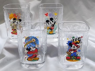 Set of 4 MICKEY MOUSE GLASSES Square Walt DISNEY World 2000 Celebration McDonald