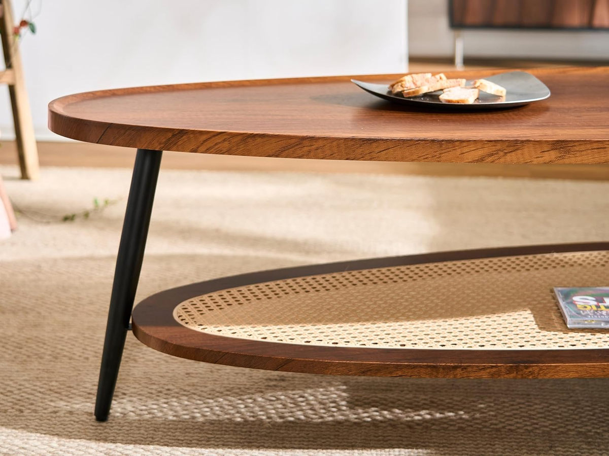 Oval Wood and Rattan Coffee Table, Mid-Century Modern Coffee Table
