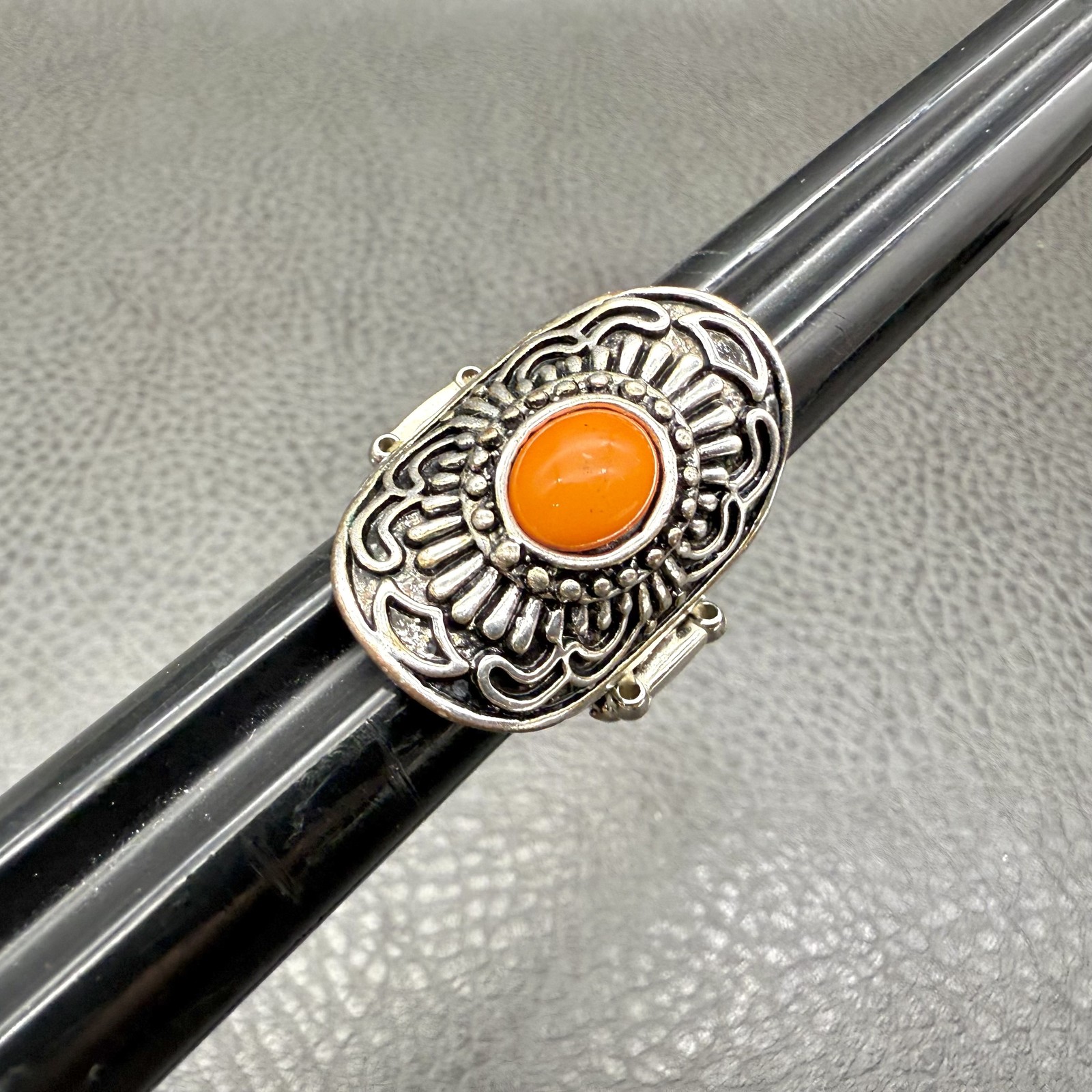 Silver Tone Statement Ring Adjustable Wide Stretch Band Boho Orange Cabochon