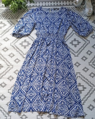 Pretty Blue White Mix Boho Shirred Waist Summer Dress 👗 8 10 12 Midi Maxi - Picture 6 of 14