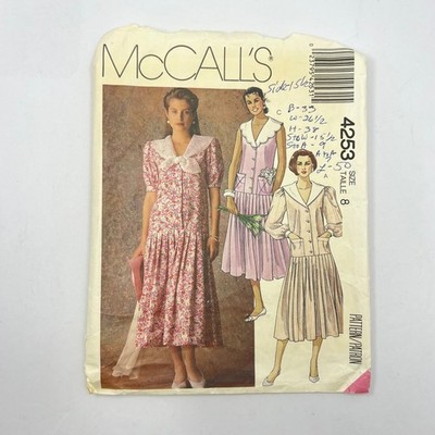 McCalls 1989 Sewing Pattern 4253 Size 8 Vintage Cottagecore Prairie Drop Waist