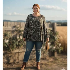 Time and Tru Top Sz 2X Boho Green Floral CottageCore Ruffle Hem Babydoll XXL