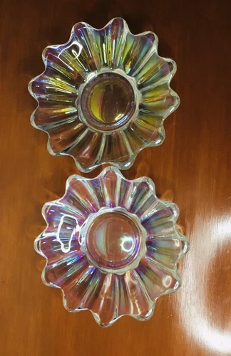 Vintage Clear Glass Dish Iridescent Rainbow Flower Shape
