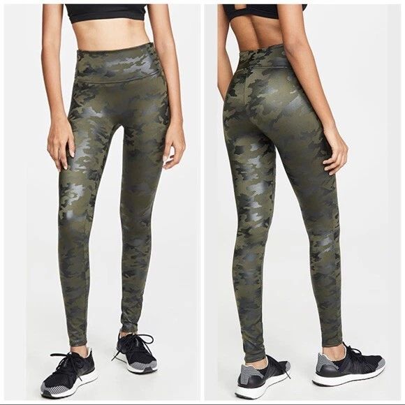 Spanx Matte Green Faux Leather Camo Leggings Power Waistband