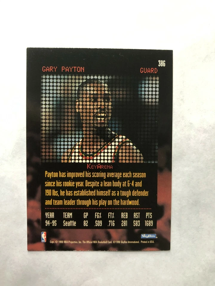 1996 GARY PAYTON SkyBox Basketball Card # 386 Made in USA - Image 3 of 4