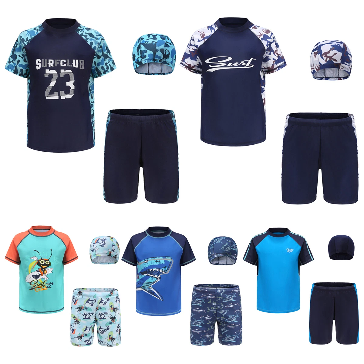 Boys 3 Piece Rash Guard Swimsuit Swimwear Sets Shirt Trunks Shorts with Swim  Hat