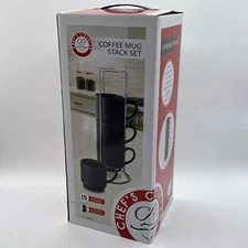 Chef's Counter Coffee Mug Stack Set of 4 Black 15oz Mugs w/ Storage Stand