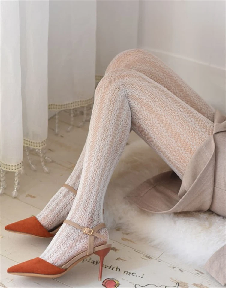 NUEVO Mujeres Blanco Encaje Elegante Retro Rayas Pantimedias Red de Pesca Malla Medias Medias Medias Foto 2 de 4