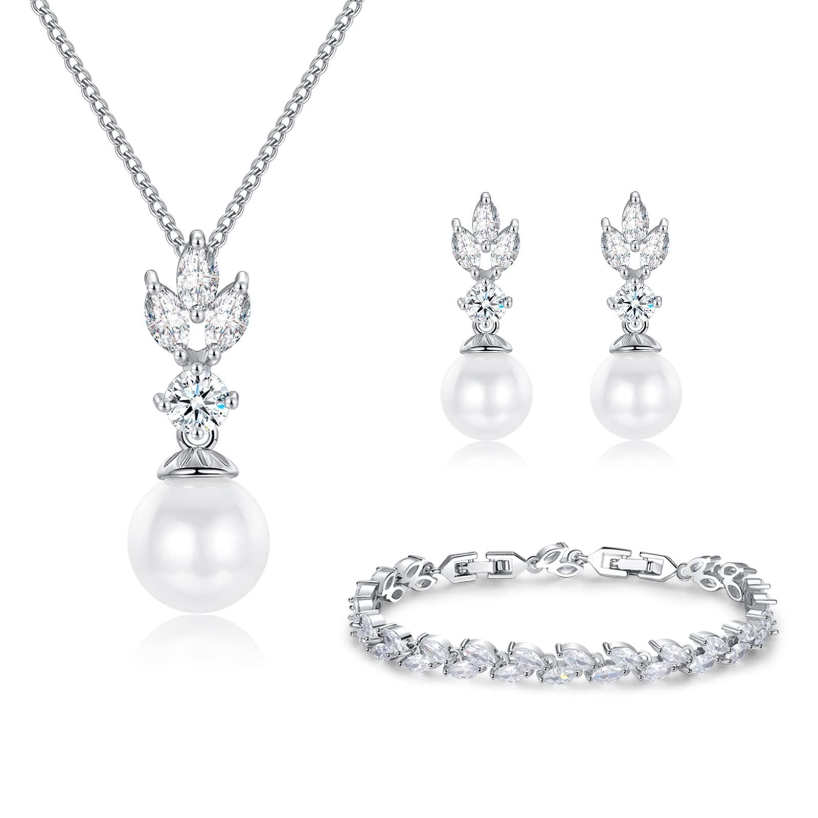 Wedding Jewelry for Bride Bridesmaid, Pearl Dangle Earrings and Pendant Neckl...