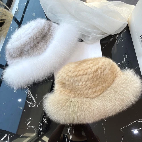 Cappello donna vera pelliccia di visone secchiello berretto caldo lavorato a maglia invernale con orlo pelliccia di volpe - Foto 8 di 31