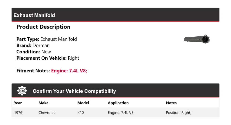 Colector de escape derecho para Chevrolet K10 1976 7,4 L V8 Dorman Foto 2 de 4
