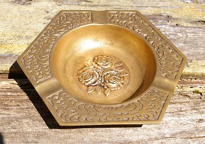 Vintage Brass Metal Three Rose Ash Tray Hexagon Made in Korea