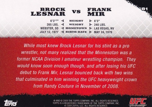 Brock Lesnar vs Frank Mir 2009 Topps UFC Round 1 Rookie Card #81 RC WWE Legend - Picture 7 of 16