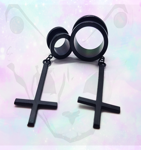 Steel Black Inverted Upside Down Cross Goth Pendant Dangle Ear Plug Tunnel Gold - Picture 4 of 9