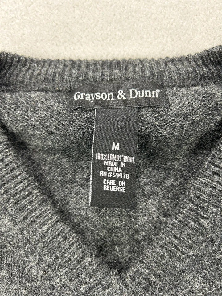 Suéter GRAYSON & DUNN 100 % Lana de Cordero Hombres M Gris Cuello en V Abuelo Núcleo Cómodo Foto 2 de 4