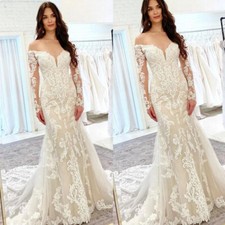 Mermaid Wedding Dresses Long Sleeves Off the Shoulder Lace Applique Sweep Train