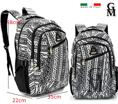 Zaino unisex scuola fantasia etnico bianco nero tasche superiori pc  università | eBay
