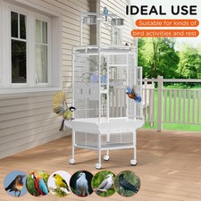 Wrought Iron Bird Cage w/ Rolling Stand,Play Top 4 Stainless Steel Bowls White